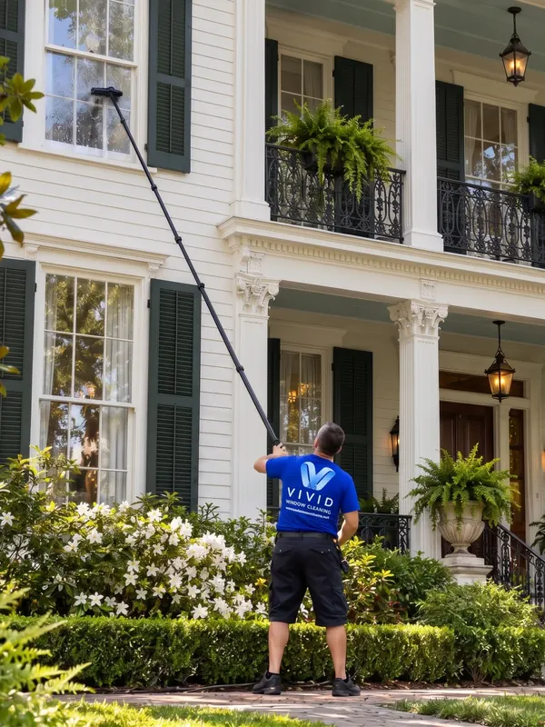 Darin of Vivid Window Cleaning cleaning exterior windows of a New Orleans home with a water-fed pole