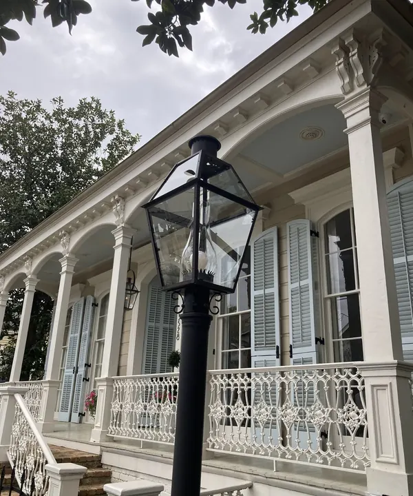 Clean gas lantern in front of a New Orleans home
