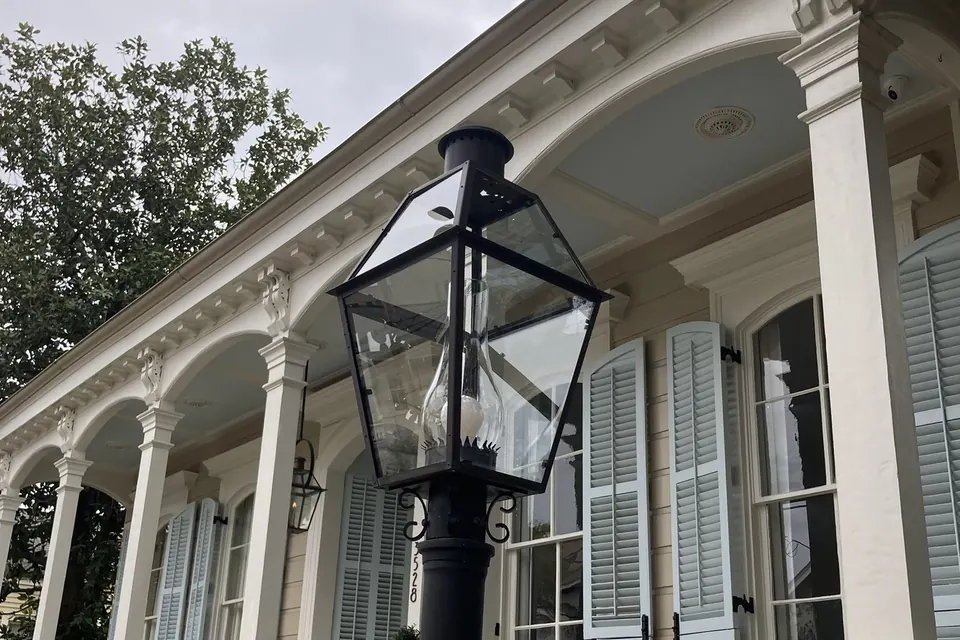 Clean gas lantern in front of a New Orleans home
