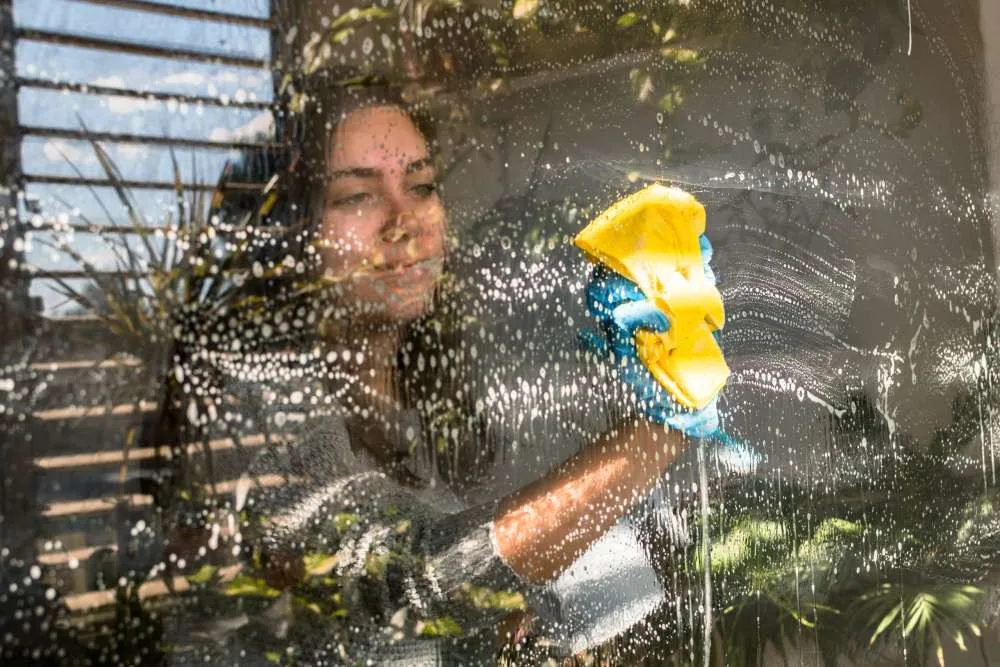 a woman washing a window with a window cleaner