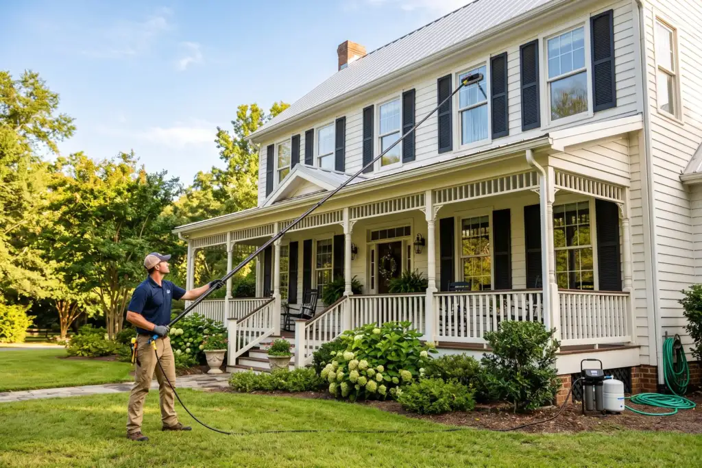 Window cleaner using a water-fed pole from the ground to clean second-floor windows on a two-story home with pure water window cleaning
